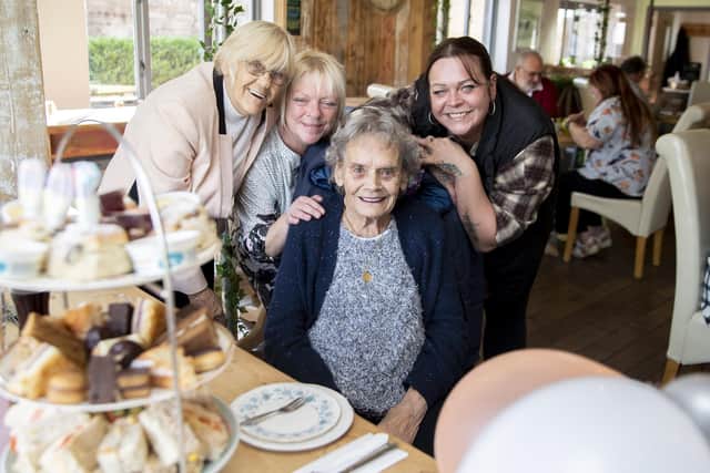 Ivy celebrated her 100th birthday with (left to right) Shirley Windram, Donna Chamberlain and granddaughter Danielle Hench. Photo by Kirsty Edmonds.