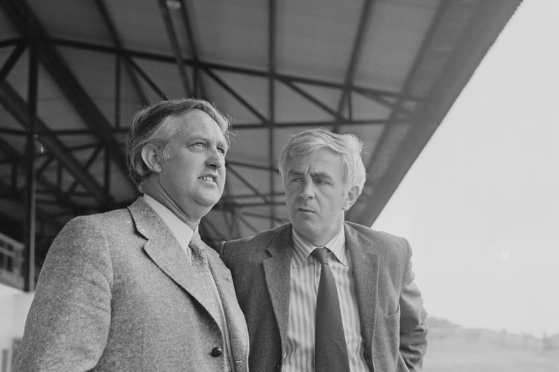Bill Dodgin Jr (1931-2000), Manager of Northampton Town FC, pictured on right with former Northampton Town manager Dave Bowen (1928-1995) at the County Ground in Northampton, England on 2nd July 1973.
