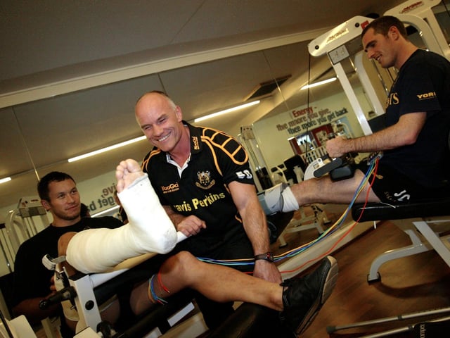Bruse Reihana and Jon Clark (Saints Rugby Players) recovering / getting fit / weight training again after both suffering from a broken leg (in a cast) at Fitness First Gym, Northampton. Includes pics with their physio Cliff Eaton.