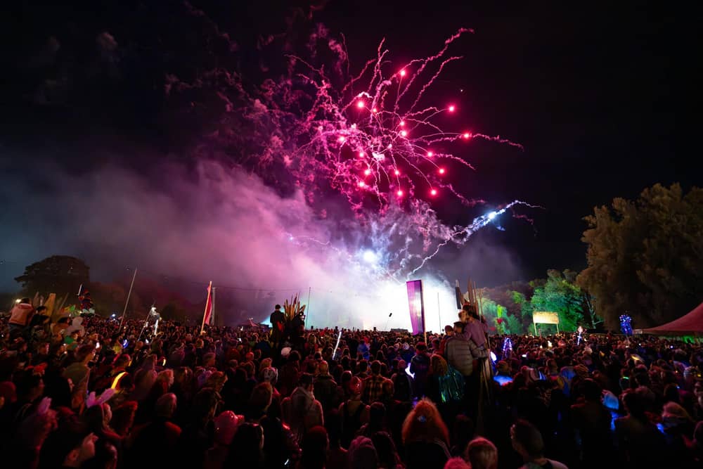 Thousands of festival goers gathered for Shambala’s annual closing ceremony and fireworks display on Sunday, August 30, 2026. This year’s theme was Voices of Courage. Photo by David Jackson.