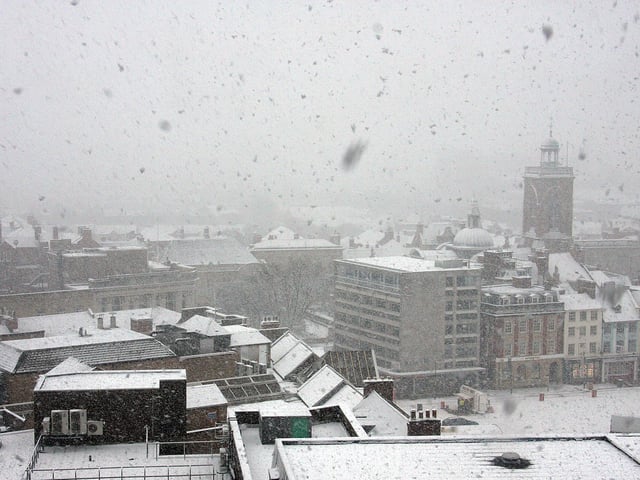 Northampton town centre in the snow from Grosvenor Centre car park in 2010