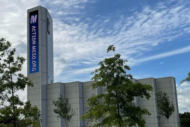 The ‘Power Tower’ at University of Northampton will ‘Go Blue for Meso’.