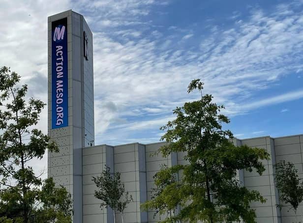 The ‘Power Tower’ at University of Northampton will ‘Go Blue for Meso’.