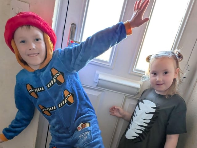 Leo, aged six, as Paddington and Luna, aged five as Mog the Forgetful Cat.