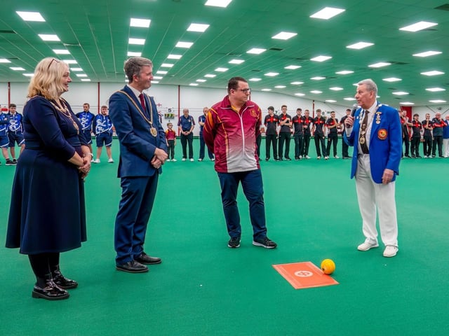 Mayoress Mylissa and Mayor, Cllr Paul Joyce, Club Chairman Richard Lemon and British Isles Indoor Bowls Council President Mark Cohen.
