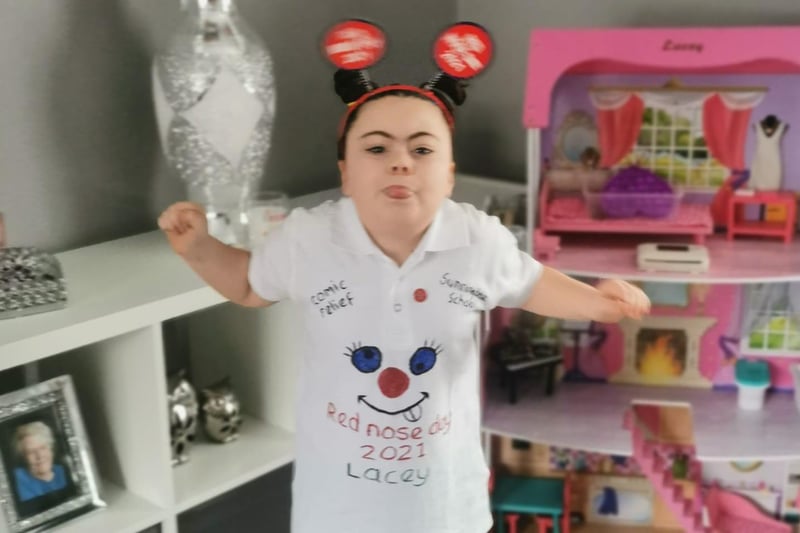 Ten-year-old Lacey gets ready for Red Nose Day at Sunningdale School.