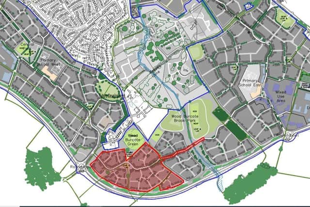 The boundaries of the larger parcel of 246 homes, proposed by applicant Persimmon Homes, is highlighted in red. The other 160-home application, submitted by Barratt Homes, is located directly below the Primary School West. Credit: Persimmon Homes Midland