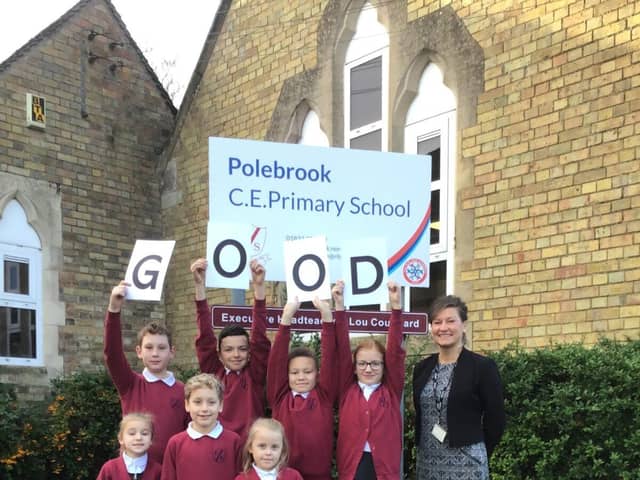 A range of Polebrook CE Primary pupils with Head teacher Lou Coulthard
