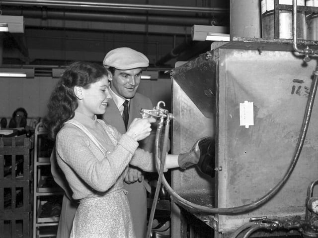 Actor Staley Baker at Manfield shoe factory, Northampton, November 7, 1957