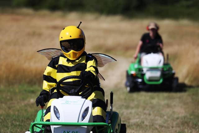 Stowe's bee racer and National Trust Lead Ranger mowing the Silverstone track shape in the wildflower meadow at Stowe Gardens