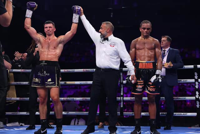 And the new... Kieron Conway is declared the winner against Gerome Warburton (Picture: Mark Robinson / Matchroom Boxing)