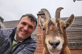 David takes Boo the goat out on lead every day for walks around Milton Keynes