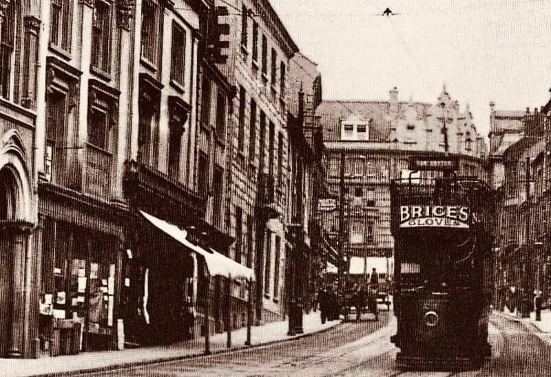 A tram travelling down Bridge Street. Trams stopped in Northampton in 1934.