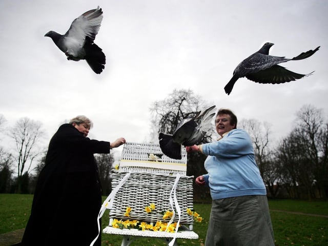 Mayor Sally Beardsworth releasing pigeons carrying messages across Northampton about Marie Curie Cancer Care daffodil appeal. Sally Beardsworth (left) and Marie Curie's Marea Roberts.