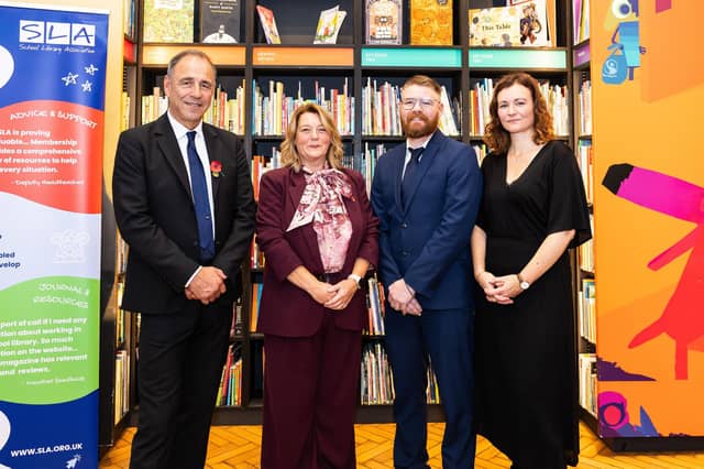 Anthony Horowitz (author)-Julie Broadbent (winner of SLYA)- Garry Barber (Browns Books)-Victoria Dilly (CEO of SLA)