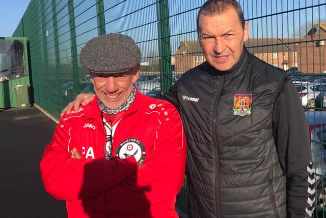 Moulton Masters founder Phil Andrews with Cobblers assistant boss, and occasional walking footballer, Colin Calderwood (Picture courtesy of Moulton Masters' Facebook page)