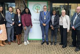 Pictured left to right: Deputy head Paulette Johnson, NPAT school improvement lead Mark Rapps, executive headteacher Becca Williams, a parent, Mayor Dennis Meredith, a parent, the Mayoress, and Councillor Keith Holland-Delamere.