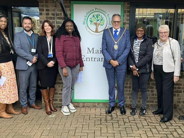 Pictured left to right: Deputy head Paulette Johnson, NPAT school improvement lead Mark Rapps, executive headteacher Becca Williams, a parent, Mayor Dennis Meredith, a parent, the Mayoress, and Councillor Keith Holland-Delamere.