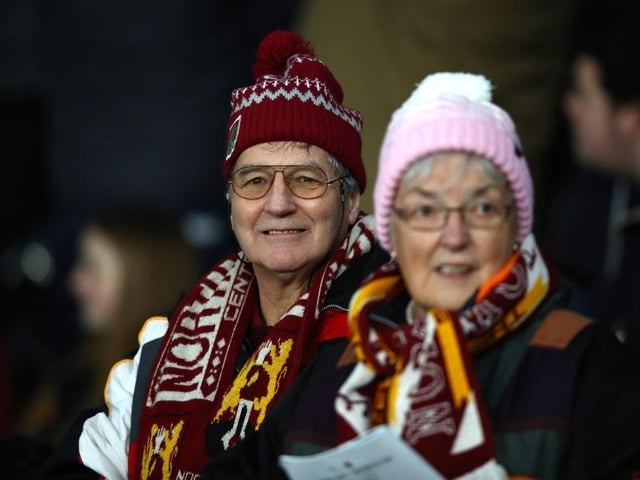 Northampton town fans during the FA Cup Fourth Round Replay match between Derby County and Northampton Town at Pride Park on February 04, 2020.