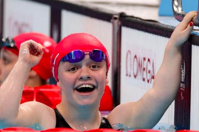 Maisie Summers-Newton, who trains with Northampton Swimming Club, after winning her second gold medal at the Paralympics in Tokyo. Photo: Northamptonshire Sport.