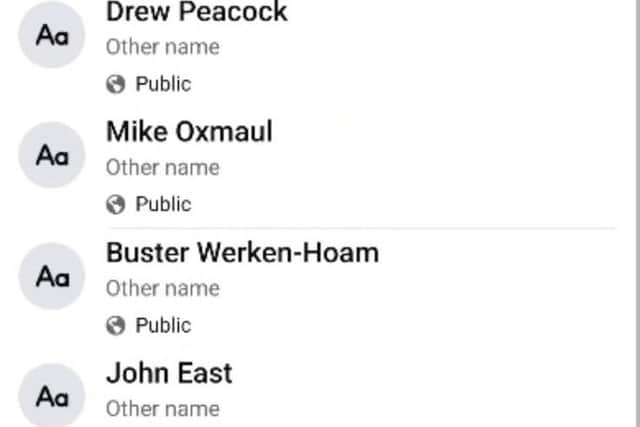 Other names linked to the Mike Oxlong profile include Hue Janus, Drew Peacock, Mike Oxmaul, Buster Werken-Hoam and John East.