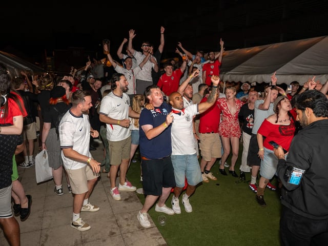 Football fans watching England vs Norway in the garden of The Black Prince in Northampton on Saturdy, July 11, 2026. Photo by David Jackson.