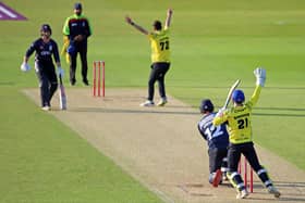 Nathan Sowter traps tom Taylor lbw in Durham's 10-wicket thrashing of the Steelbacks on Friday night (Picture: Peter Short)