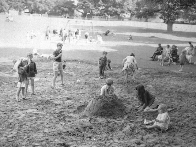 Looking Back old glass negs July 25, 1966 "Roamers" Children playing in sandpit in park