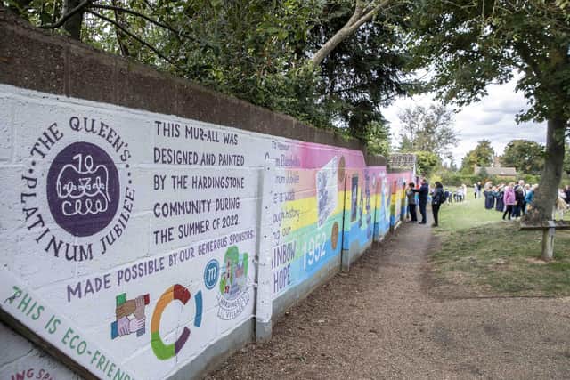 The mural in Hardingstone measures 70 metres - a metre for each year of Queen Elizabeth II's reign. Photo: Kirsty Edmonds.