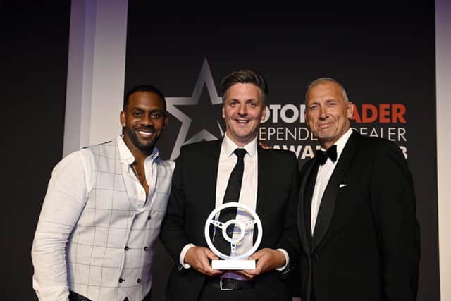 Mark Swindells with host Richard Blackwood (left) and Road Angel's Stuart Patton (right).