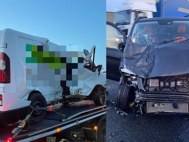 Extreme damage caused to two vehicles after a collision on the M1 near Northampton.