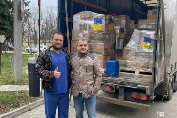 Hospital staff welcome the arrival of delivery number eight from the UK to Ukraine.