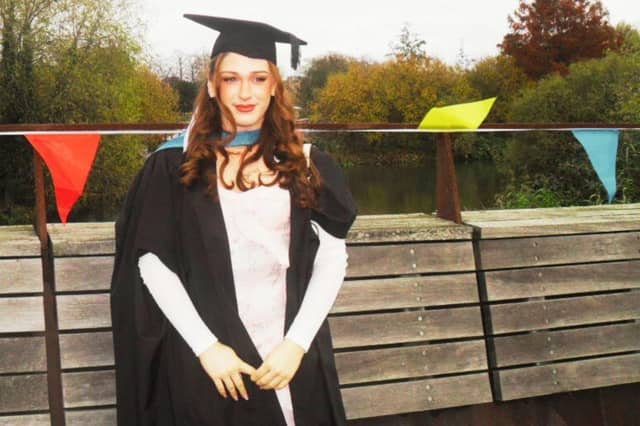 Jayda Franks on the bridge over the River Nene after last month's graduation ceremony at Derngate Theatre.