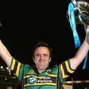 Tom Smith of Northampton holds aloft the European Challenge Cup trophy after the final win over Bourgoin in 2009