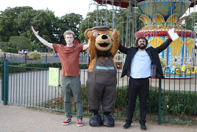 Nish Kumar and James Acaster filiming at Wicksteed Park with Wicky Bear /Alison Bagley