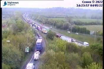 Traffic queuing to join the eastbound A14 at Rothwell following a crash near Kettering on Tuesday