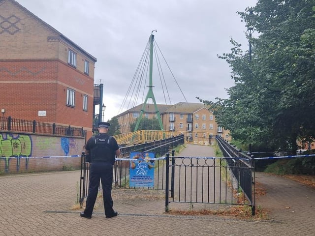 Pictures from day four of a murder probe by the River Nene near Beckets Park, where a man was found dead on a bench early Friday morning (August 1). Northamptonshire Police divers were searching the water on Monday morning (August 4) and are appealing for witnesses.