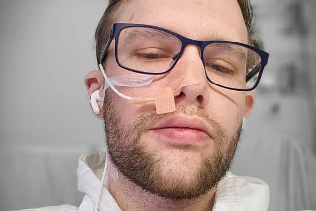 Joe Plumb with a feeding tube battling with his eating disorder.