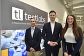 From left, Enrico Allegra, head of laboratory, Tautvydas Karitonas, managing director, and Marianne Browning, business development manager, at the launch of Test Labs at Bretton, Peterborough.