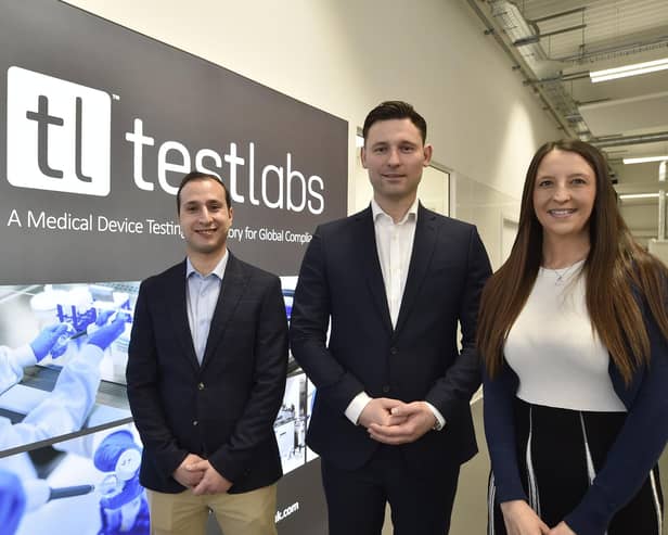 From left, Enrico Allegra, head of laboratory, Tautvydas Karitonas, managing director, and Marianne Browning, business development manager, at the launch of Test Labs at Bretton, Peterborough.
