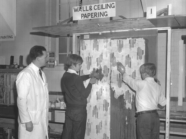 Bective School, Northampton c 1969, pupils and teacher stripping wallpaper