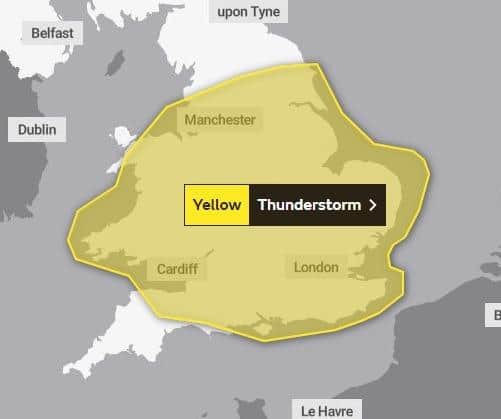 The Met Office yellow warning for storms in Northamptonshire on June 5.