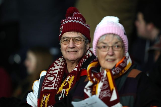 Northampton town fans during the FA Cup Fourth Round Replay match between Derby County and Northampton Town at Pride Park on February 04, 2020.