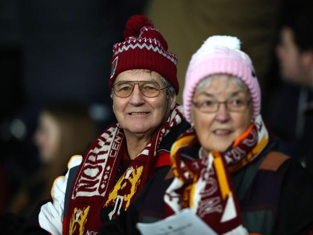 Northampton town fans during the FA Cup Fourth Round Replay match between Derby County and Northampton Town at Pride Park on February 04, 2020.