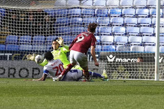 Louis Appéré misses Cobblers' best chance against Reading, denied by goalkeeper Joel Pereira. Picture: Pete Norton