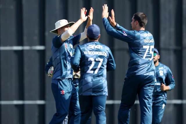 Justin Broad celebrates claiming the wicket of Joe Cracknell (Photo by Warren Little/Getty Images)