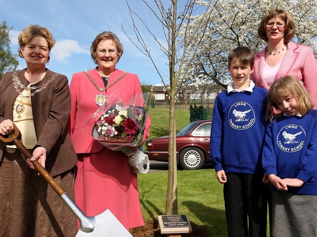 Northampton Mayor's consort Margaret Pritchard and Northampton Mayor Lee Mason planting a tree at Lings Primary School to mark the end of her term in office. Pictured in 2008: Margaret Pritchard, Lee Mason, Adam Powell, 9, Laura Suffield, head and Lauren Bull, 8.