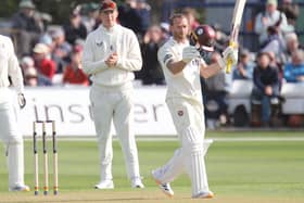 Luke Procter celebrates reaching his century at Kent (Picture: Peter Short)