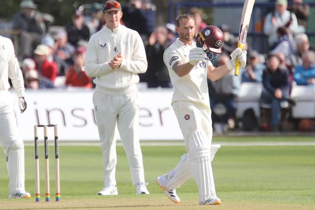 Luke Procter celebrates reaching his century at Kent (Picture: Peter Short)