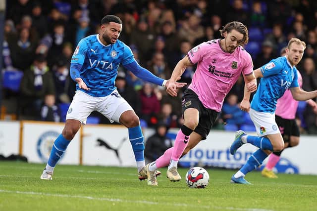 Louis Appéré had a busy first-half at Stockport and set up Town's best chance with a clever flick but Sam Hoskins blazed over. Pictures: Pete Norton.